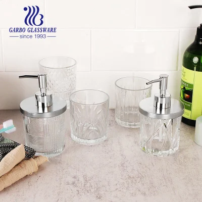 Exclusive Embossed 315ml Glass Cup with Pump Lid Bathroom Glassware Liquid Soap Dispenser